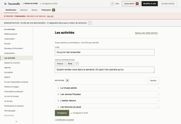 L'écran d'édition : les champs d'une section, remplis comme un formulaire.