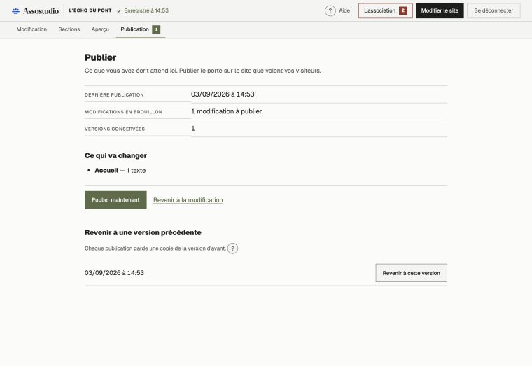 L'écran de publication : ce qui va changer, un bouton pour publier, et les versions conservées.