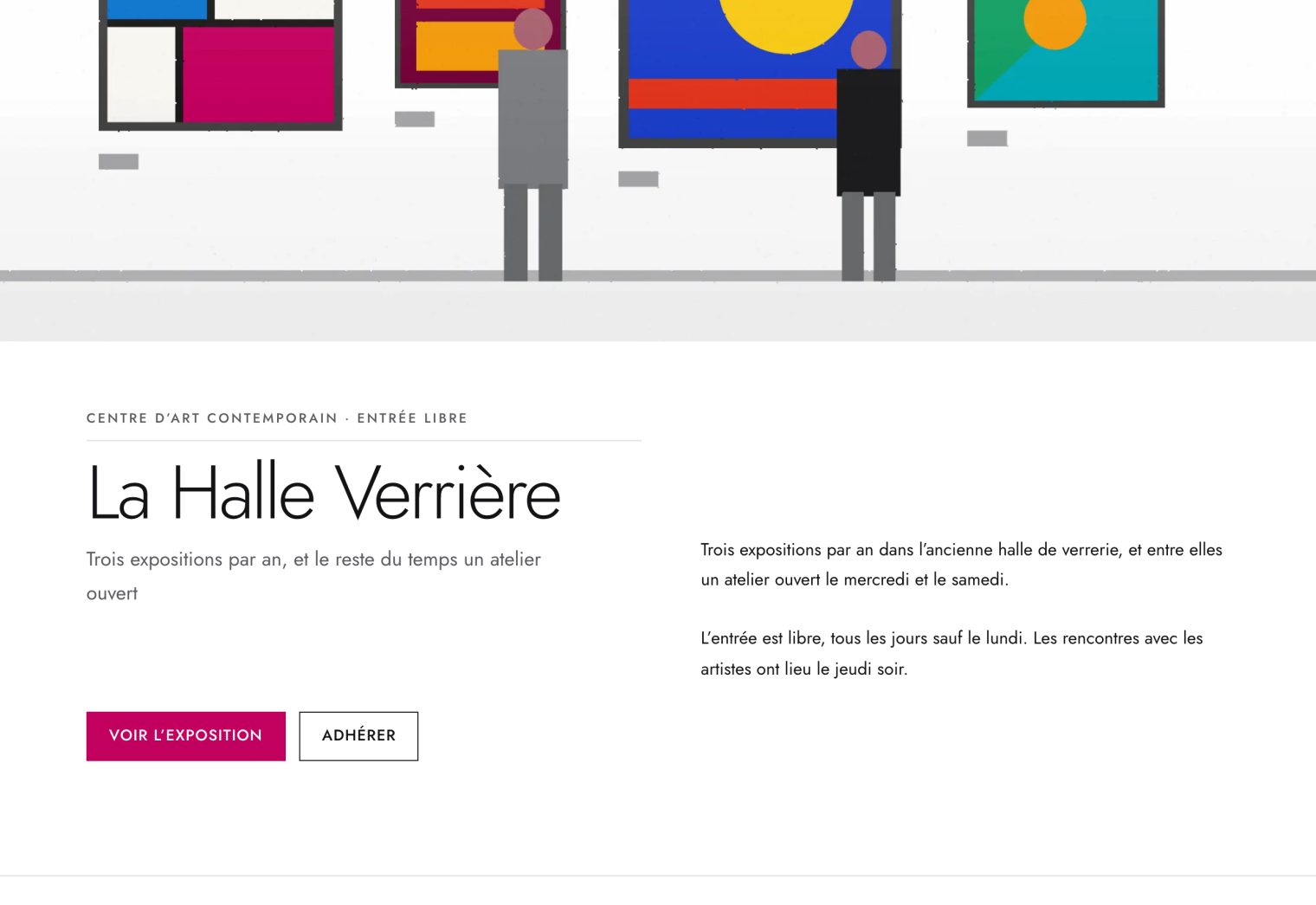 La page d'accueil d'un centre d'art réalisée avec Assostudio : un mur blanc avec quatre œuvres, le nom du lieu en très grand dessous.