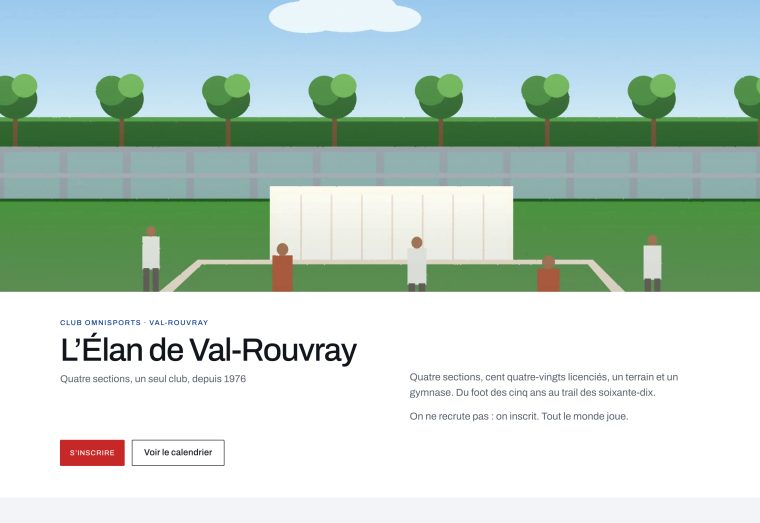 Page d'accueil d'un club omnisports : un terrain avec des joueurs, le nom du club, un bouton d'inscription.